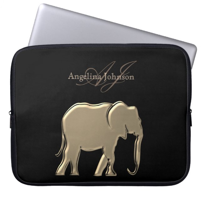 Capa Para Notebook Elefante Monogramado Elegante em Folha Dourada e P (Frente)