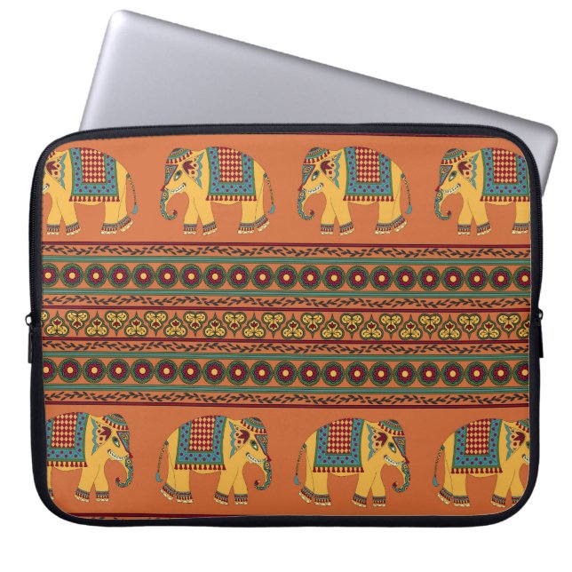 Capa Para Notebook Elefantes Indianos, Laranja Tradicional Sem Costur (Frente)