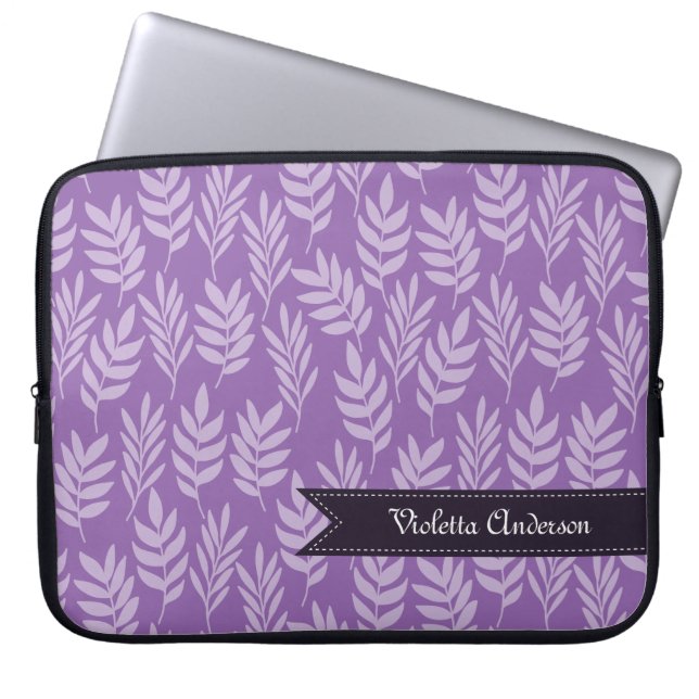 Capa Para Notebook Elegante adiciona seu nome Roxo e Folhas de Lavand (Frente)