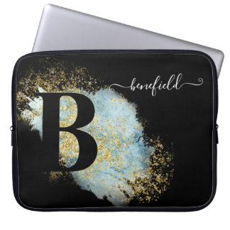 Capa Para Notebook ELEGANTE AZUL E Dourado no Preto, Nome & Inicial