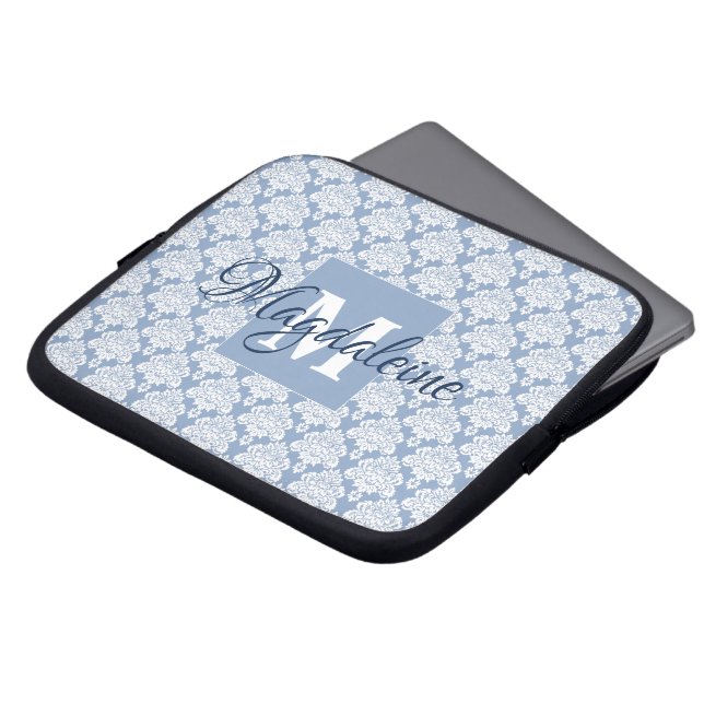 Capa Para Notebook Elegante Azul Vintage Damasco Monograma (Frente Topo)
