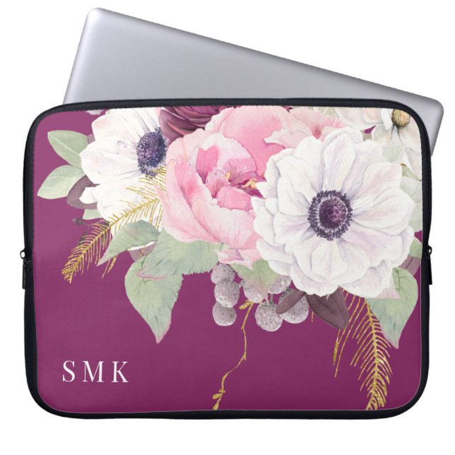 Capa Para Notebook Elegante Blush Peony Eucalyptus Floral Monograma (Frente)