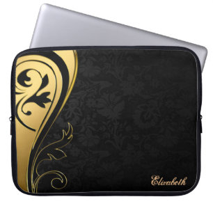 Capa Para Notebook Elegante Chic Damasco Preto, Redemoinho Dourado-Pe