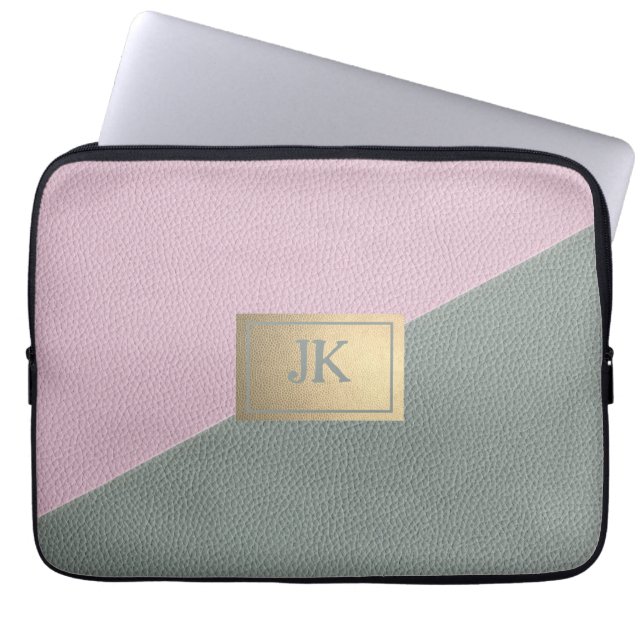 Capa Para Notebook Elegante couro rosa verde Monogram   (Frente)