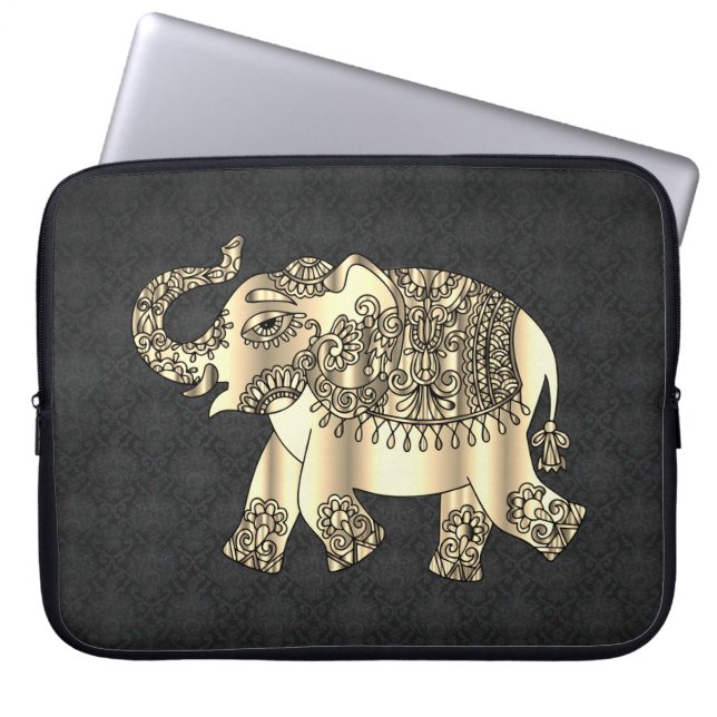 Capa Para Notebook Elegante Dourado Paisley Floral Elephant, Black Da (Frente)