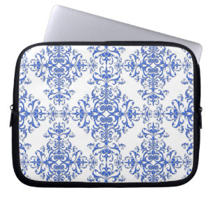 Capa Para Notebook Elegante estilo damasco floral em azul cobalto e b