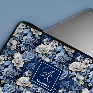 Capa Para Notebook Elegante Estojo para Laptop de Flores Azuis e Bran