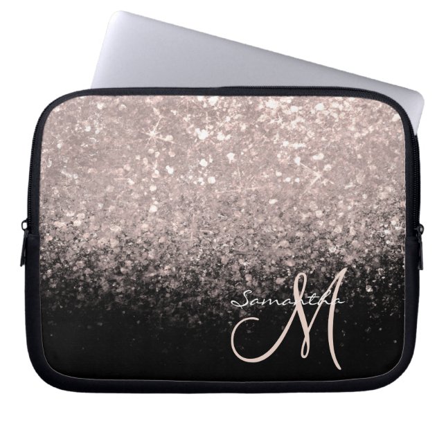 Capa Para Notebook Elegante Glitter de Ouro Rosa e Monograma Preto (Frente)