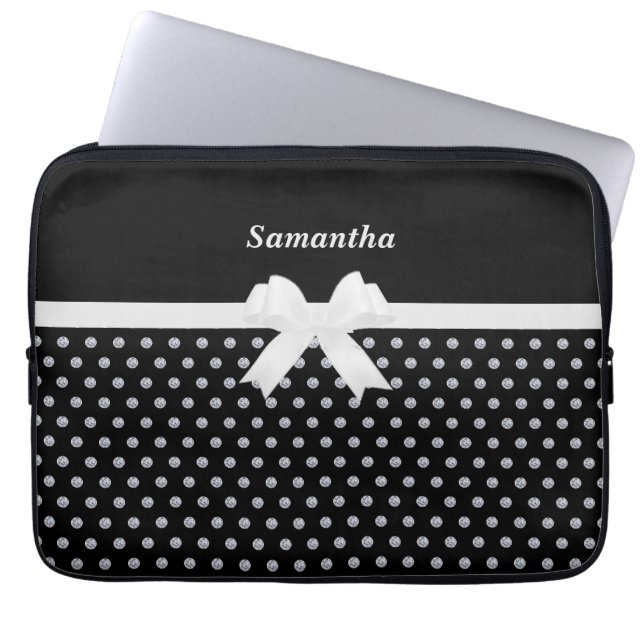 Capa Para Notebook Elegante Laptop Preto e Cinza Prata Diamantes (Frente)