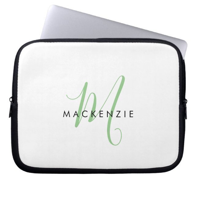 Capa Para Notebook Elegante Monograma Branco Moderno em Verde Script (Frente)