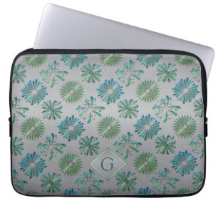 Capa Para Notebook Elegante Monograma com Padrão Azul Verde Ornamenta