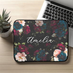 Capa Para Notebook Elegante Monograma de Flor de Turquesa Escura Verm