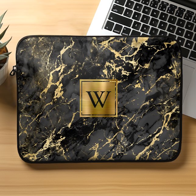 Capa Para Notebook Elegante Monograma de Metal com Ouro em Mármore Pr (Criador carregado)