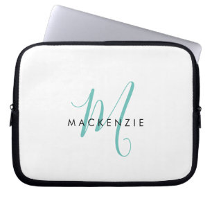 Capa Para Notebook Elegante Monograma Moderno em Branco e Azul Script