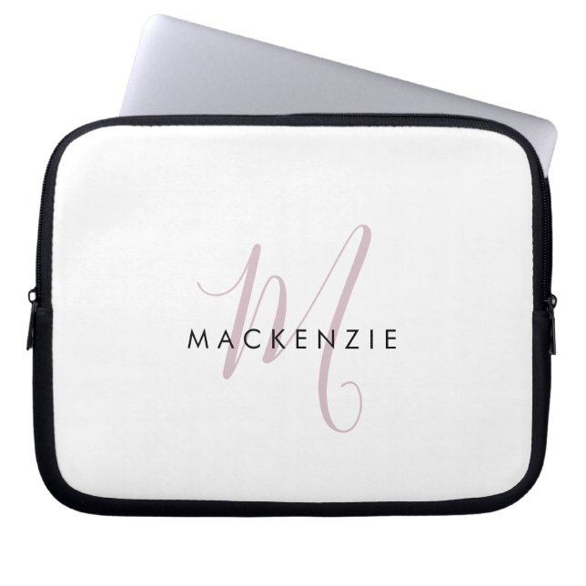 Capa Para Notebook Elegante Monograma Moderno em Branco e Rosa Script (Frente)