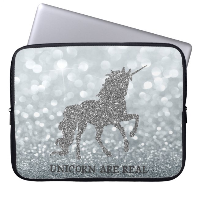 Capa Para Notebook Elegante Silver Glitter Unicorn, Bokeh (Frente)