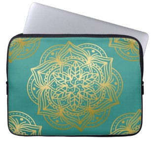 Capa Para Notebook Elegante Teal Green Dourado Padrão de Mandala