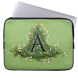 Capa Para Notebook Elegante verde Vintage Monograma floral inicial A