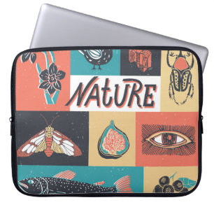 Capa Para Notebook Elementos Natureza, Ícones de Estilo Retroativo.
