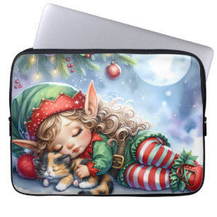Capa Para Notebook Elfo de Natal Dormindo com Gatinho Calico