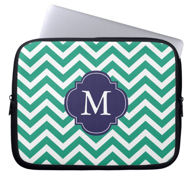 Capa Para Notebook Emerald Green e Blue Zigzags - Monograma do padrão (Frente)