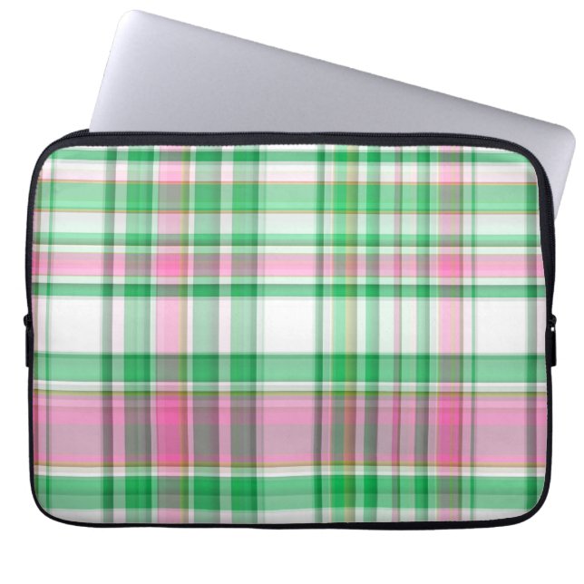 Capa Para Notebook Emerald Green, Rosa Quente, Xadrez White Preppy Ma (Frente)