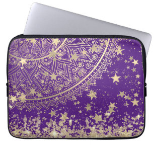 Capa Para Notebook Encantando Mandala com Douradas Estrelas em Roxo  