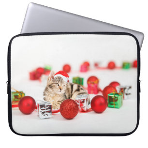 Capa Para Notebook Enfeite de Natal de Gato vestindo chapéu vermelho