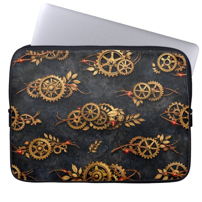 Capa Para Notebook Engrenagens Douradas Antigas & Neon Vermelho Cyber (Frente)