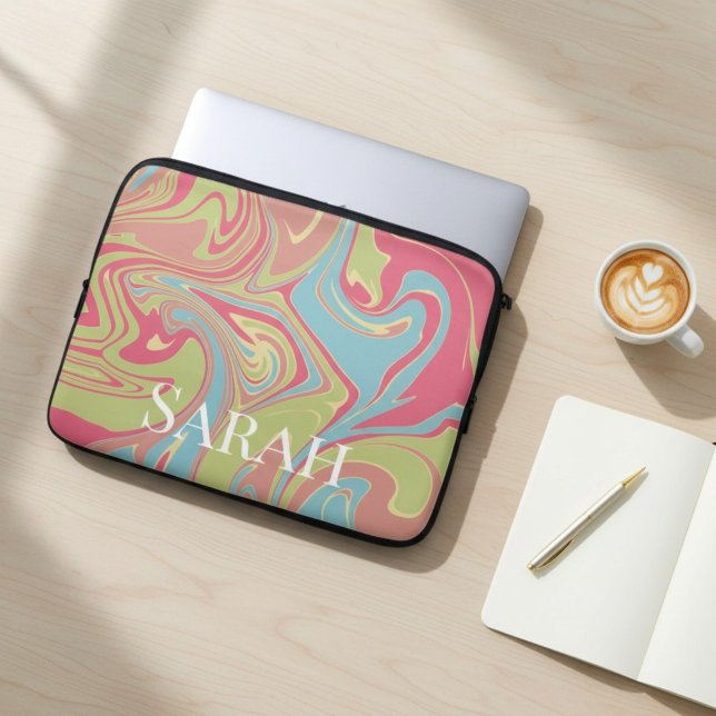 Capa Para Notebook Estilo de Mármore Nome Personalizado Rosa e Verde (Criador carregado)