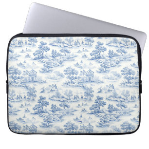 Capa Para Notebook Estilo Francês Azul Toile de Jouy Elegante Românti