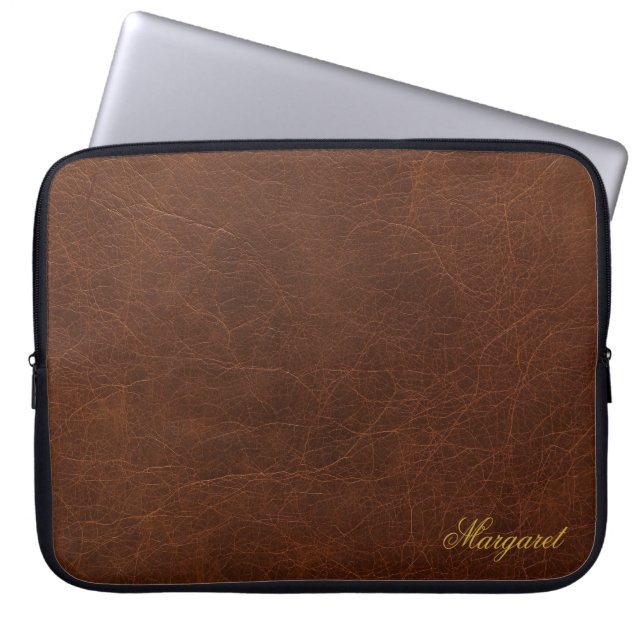 Capa Para Notebook Estojo de Laptop em Couro Marrom com Nome Personal (Frente)