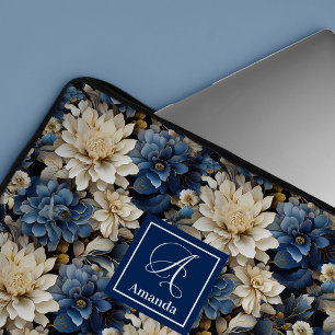 Capa Para Notebook Estojo de Laptop Estiloso com Flores Azuis e Marfi