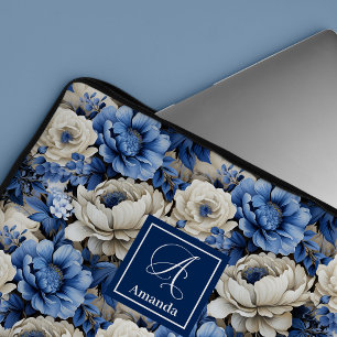 Capa Para Notebook Estojo de Laptop Luxuoso com Flores Azuis e Marfim