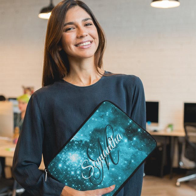 Capa Para Notebook Estrela Celestial Aqua Verde Esmeralda Brilho Chiq (Customize the font style, size and color to create your own monogrammed gift for her.)