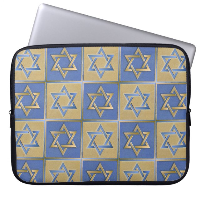 Capa Para Notebook Estrela de Davi Judaica Metal Dourado Azul Suporte (Frente)