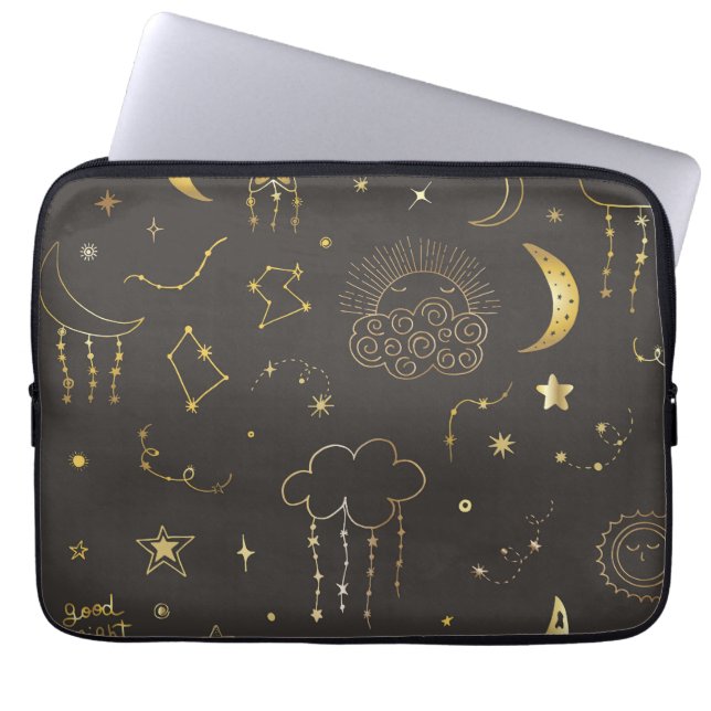 Capa Para Notebook Estrelas Celestiais de Ouro, Lua e Constelações (Frente)