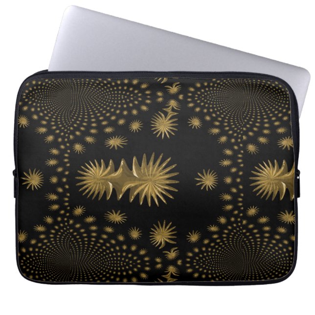 Capa Para Notebook estrelas de ouro fractal, fundo preto (Frente)