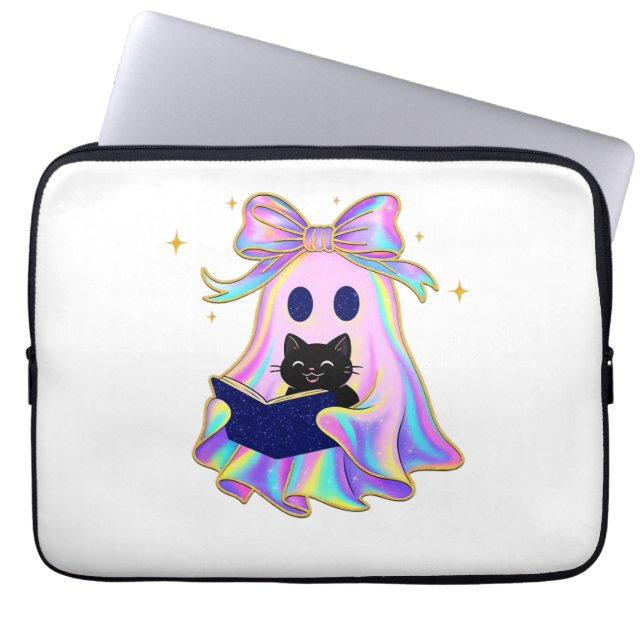 Capa Para Notebook Fantasma iridescente com livro e classe de gato pr (Frente)