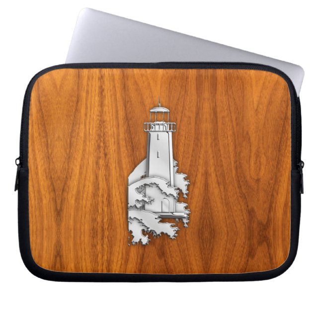 Capa Para Notebook Farol Cromado em Madeira de Teca (Frente)