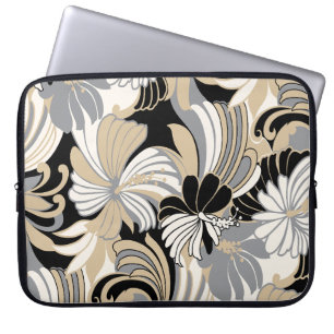 Capa Para Notebook Fato de Neoprene Preto Tropical Hibiscus Jungle Ha