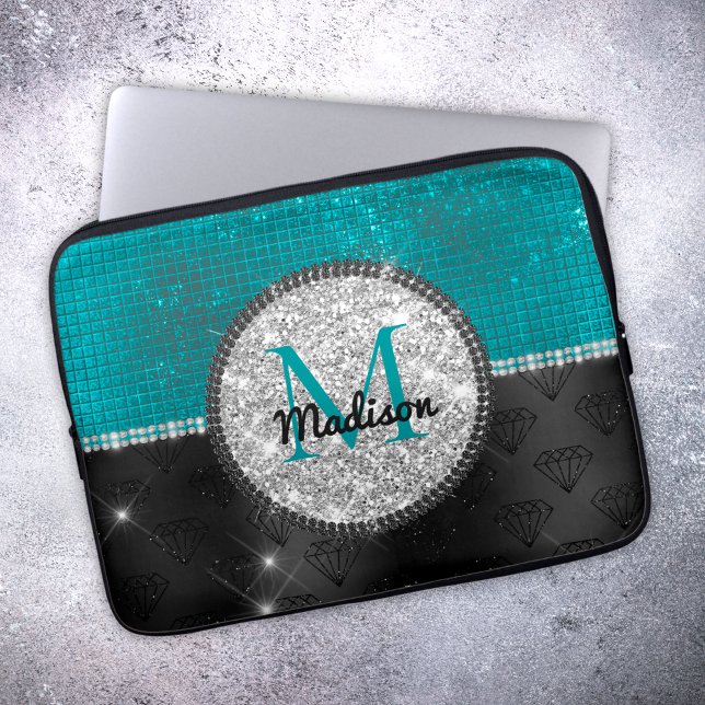 Capa Para Notebook Faux Chic Silver Glitter Turquoise Monograma preto (Criador carregado)