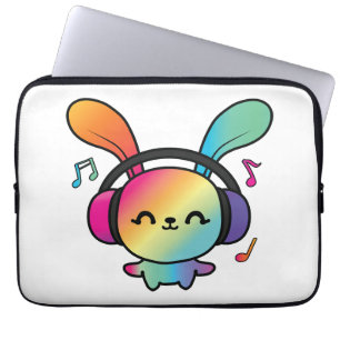 Capa Para Notebook Feliz Bunny com fones de ouvido ouvindo música.