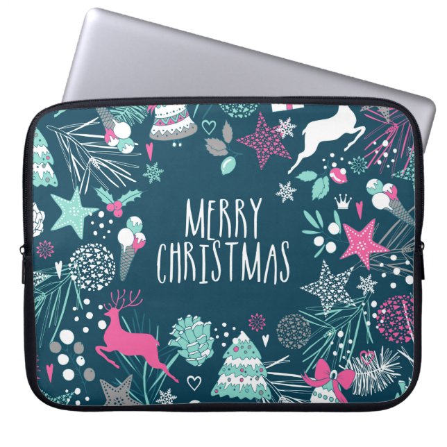 Capa Para Notebook Feliz cartão de Natal com flocos de neve e símbolo (Frente)