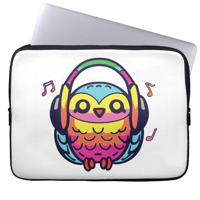 Capa Para Notebook Feliz coruja com fones de ouvido ouvindo música. (Frente)