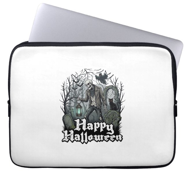 Capa Para Notebook Feliz Dia das Bruxas Esqueleto Lanterna Gato Preto (Frente)