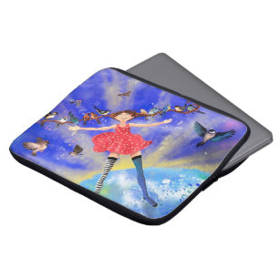 Capa Para Notebook Feliz Garota com Pássaros - Feliz