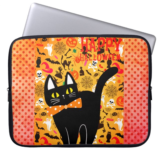 Capa Para Notebook Feliz Hallowen e Eletrônicos de Gato Negro (Frente)