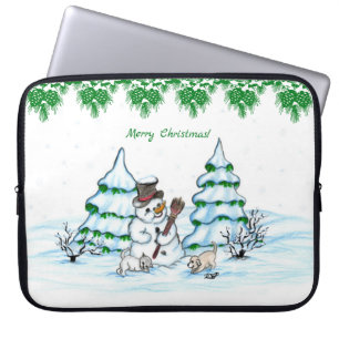 Capa Para Notebook Feliz Natal! Neve com Cat e Puppy