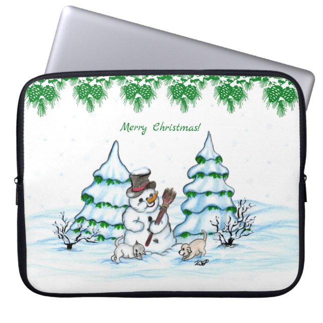 Capa Para Notebook Feliz Natal! Neve com Cat e Puppy (Frente)